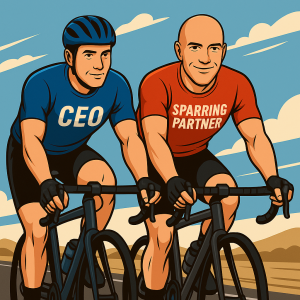 Vector illustration of a GTM Sparring Partner cycling next to a startup CEO, symbolizing strategic go-to-market coaching, SaaS growth, and hands-on leadership support for AI-driven companies.